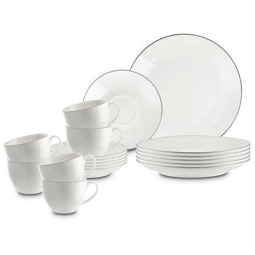 Peill+Putzler Germany, Kaffeeservice für 6 Personen aus hochwertigem Porzellan, 18-teiliges Geschirrset in weiß mit schwarzem Rand, 6x Dessertteller, 6x Kaffeetassen, 6x Kaffeeuntertassen