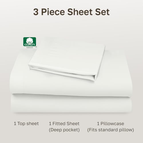 Image of California Design Den Twin XL Bed Sheets Set - Natural 100% Cotton Sheets with 12 inch Pockets, Soft Sateen Weave, Breathable and Durable Bedding Set for Dorm Rooms, College Ivory (Eggshell)