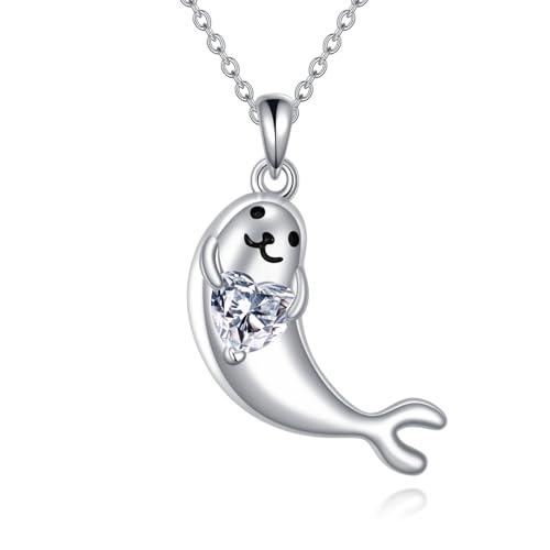 Sterling Silver Seal Heart Pendant Necklace - Seal Jewelry for Ocean Lovers Gifts