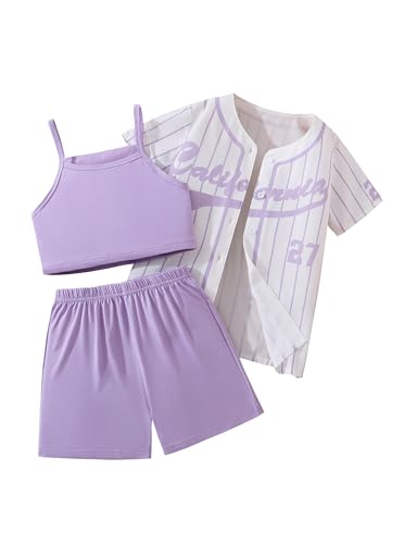 Image of Hilinker Girls Graphic 3 Piece Outfits Short Sleeve Striped Cardigan and Crop Cami with Shorts Set