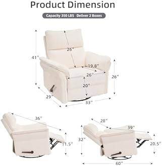 Rhevoy Oversized Recliner Chair, 26" Extra Wide 360° Swivel Rocker Recliner with Adjustable Headrest, Chenille Glider Rocking Nursery Chair with Overstuffed Armrest, Lumbar Support, White