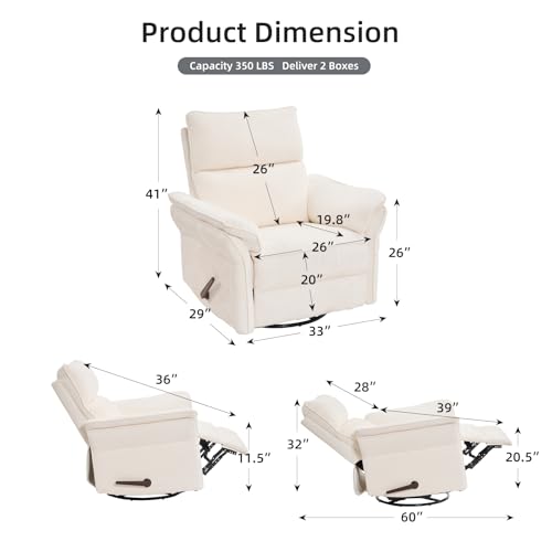 Rhevoy Oversized Recliner Chair, 26" Extra Wide 360° Swivel Rocker Recliner with Adjustable Headrest, Chenille Glider Rocking Nursery Chair with Overstuffed Armrest, Lumbar Support, White