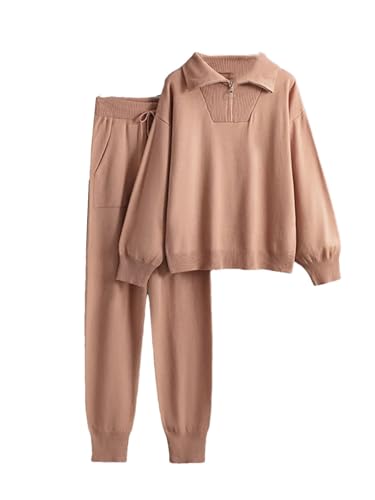 Ensemble tricot coréen femme avec pantalon jogging taille haute rose poudre de fée L