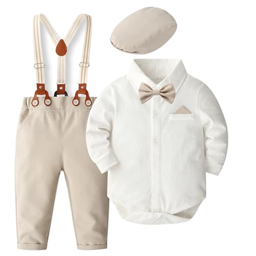 SALNIER Baby Boy Dress Suit Clothes Sets Infant Tuxedo Gentleman Suits Outfits Bowtie Shirt Suspenders Pants Beret Hat 0-24M(L-beige,12-18 Months)
