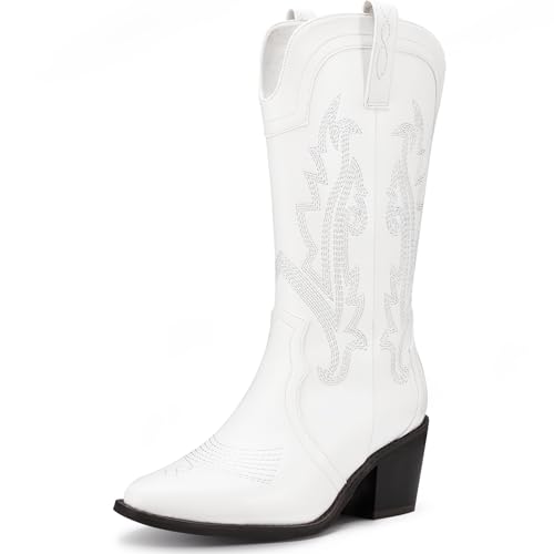 Women's Cowboy Boots Pointed Toe Western Boots Embroidered Mid-Calf Chunky Block Heel Cowgirl Boots