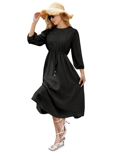 Image of Women's Casual 3 /4 Sleeve Fall Floral-Embroidered Long Dress Crew Neck Flowy Swing Dress with Pockets