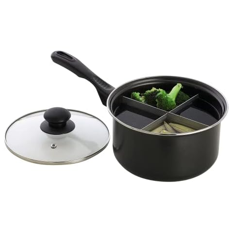 4-Way Divided Saucepan - Durable Carbon Steel Pan with Removable Divider Cookware Accessories - 20cm Dia All in One Pot 1L Capacity Ideal for Cooking Vegetables, Potatoes etc Cover