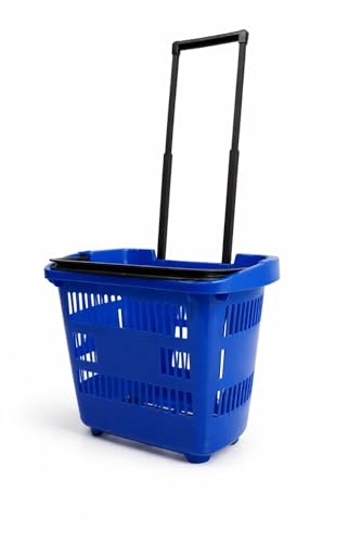 Blue Rolling Shopping Basket with Wheels & Telescopic Handle 31L – Plastic Stackable Retail Supermarket Basket – Heavy Duty Shop Basket (Pack of 1)
