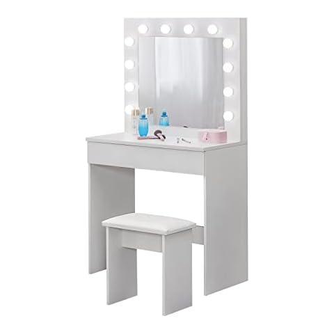OFCASA White Dressing Table with Hollywood LED Lights Mirror 1 Big Drawer Girls Makeup Desk with Padded Stool for Bedroom 80 x 40 x 140cm Cover