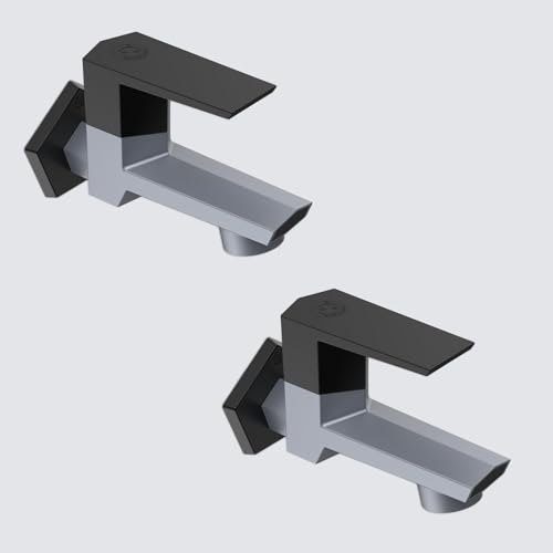Image of RN PTMT Bib Cock for Bathroom | 15mm Foam Flow Water Tap with Flange | Luxury G20 Series Faucet | High-Grade Engineering Polymer Tap (Metallic Grey Black Dual, Pack of 2)