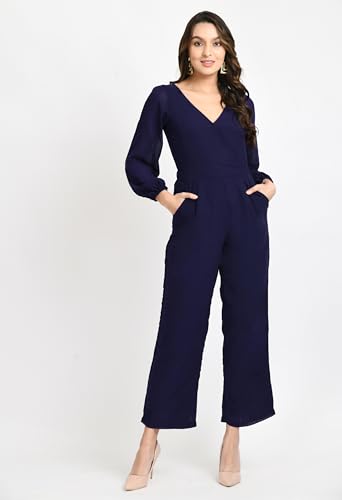 Image of V&M Women's Black V-Neck Jumpsuit | Full Sleeve Straight-Leg One-Piece with Side Pockets | Elegant Western for Office, Party & Evening Outfits