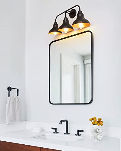 Image of 25.2-Inch 3-Light Farmhouse Vanity Light Over Mirror, Matte Black | Rustic industrial style, metal frame, 3 E26 sockets, 60W max, dimmable, no bulbs, wall sconce for bathroom mirror, bedroom