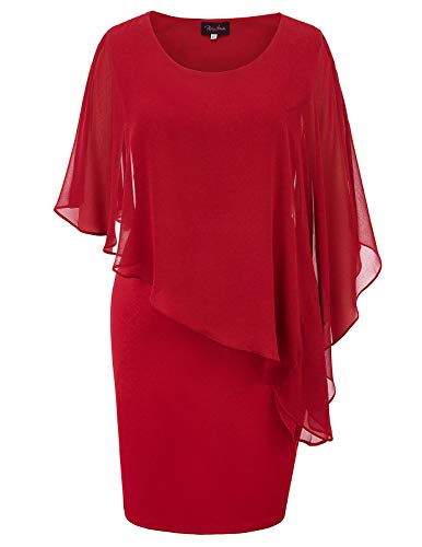 Hanna Nikole Women's Plus Size Short Chiffon Poncho Cocktail Party Bodycon Mini Dress Red 24W