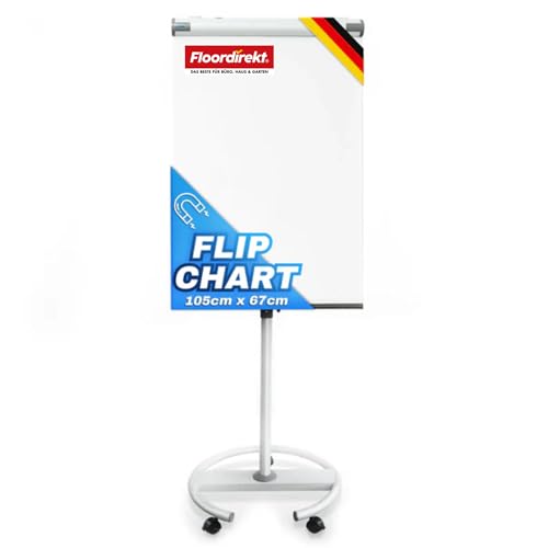 Floordirekt Flipchart mit Rollenfuß, Blockhalter & Seitenarmen - magnetisch & beschreibbar - freistehend & höhenverstellbar - Whiteboard Tafel Magnettafel - Board mit Ablageschale (Shark)