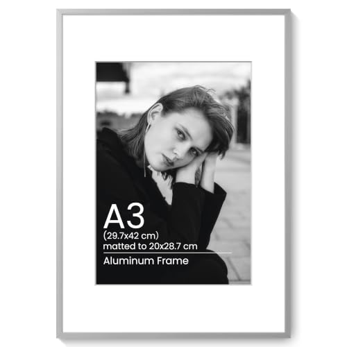 Image of KovaScape A3 Aluminum Photo Frame - Modern Flat Metal Picture Frames with A4(20x28.7 cm) Removable Mat and HD Glass - Versatile Wall & Tabletop Display for Gallery Art, Silver