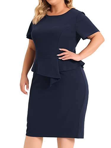 Agnes Orinda Plus Size Business Dresses for Women Short Sleeves Crew Neck Work Office Peplum Pencil Dress