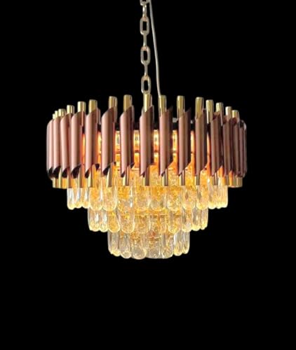 Image of Modern Ceiling Lamp 3-Tier Round Crystal Chandelier for Living Room | Modern Ceiling Light Jhumar for Hall for Home Decoration + 3 Color LED Light (Brown Gold, 400MM)
