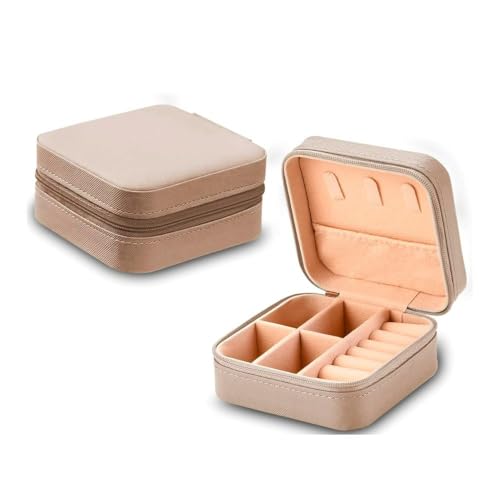 Porta Joias Compacto Portátil com Zíper Estojo Organizador de Joias para Viagem Anéis Colares e Brincos (Bege)