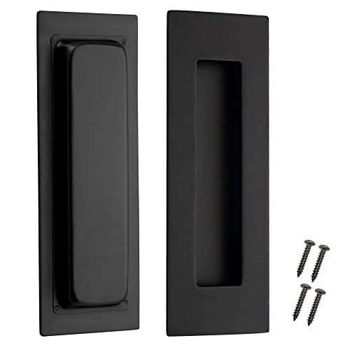 Kindoodos Recessed Door Handles Finger Flush Pulls, 6 Inch Black Pocket Door Pull Hardware, Rectangular Stainless Steel Sliding Closet Handles (2 Pack)