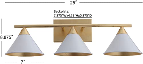 Image of JONATHAN Y Yvette 3-Light Wall Sconce 25 inch Metal Vanity, White /Gold Leaf | Modern Bathroom Mirror Fixture, Cone Shade, UL Listed, For Bathroom Mirror, Bedroom, Hallway, Hardwired, LED Bulb Included