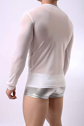 L'asher Men's Sexy Underwear T-Shirt Long Sleeve Mesh Sheer Undershirt Sleepwear White #TOP3
