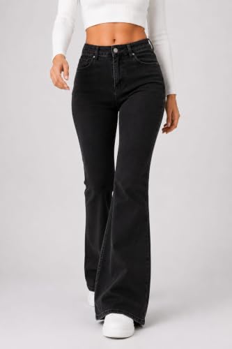 Image of Women's High Waist Bell Bottom Jeans | Flared Wide Leg Stretchable Denim Pants | Stylish Casual, Party & Everyday Wear | Denim Pant Suits | Bootcut Fit Design