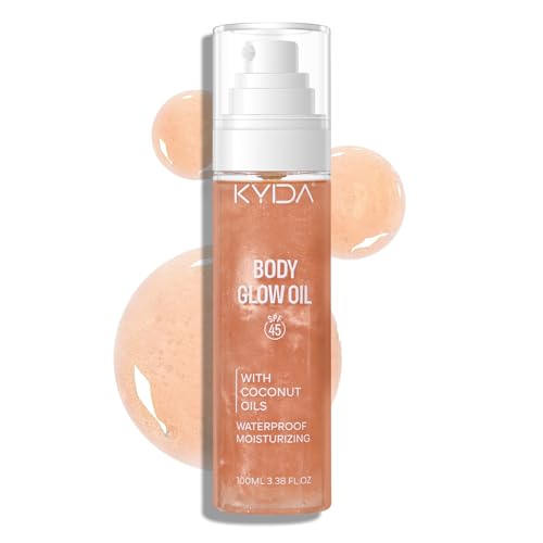 Sunscreen Body Glow Oil, Broad Spectrum SPF 45, Lightweight Water Resistant Shimmering Body Oil with Rose Gold Mica, Moisturizing Coconut, Glow Moisturizer-ROSE, 3.38 fl oz