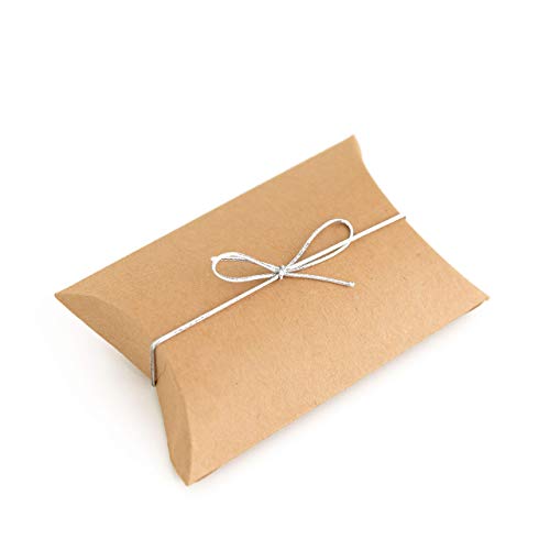 Exclusive 50pcs Kraft Pillow Boxes with 50pcs Silver Elastic Ties - Jewelry Packaging - Gift Card Holder - Soap Packaging - Small Gift Box, Wedding Favors
