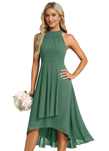 Halter Short Bridesmaid Dresses for Women 2025 A Line High Low Ruched Chiffon Formal Wedding Guest Dress with Pocket