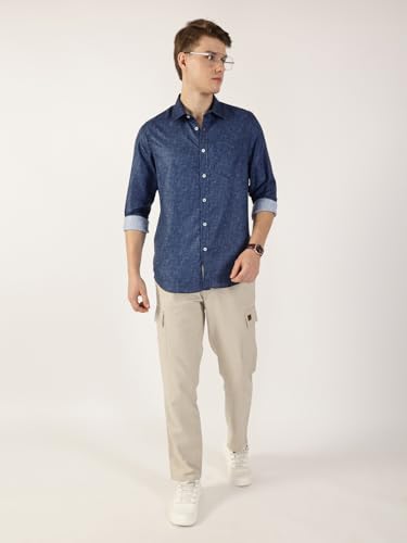 Image of Thomas Scott Men's | Printed | Textured Fabric | Full Sleeve | Regular Fit | Linen Blend | Single Pocket | Spread Collar | Casual Shirt
