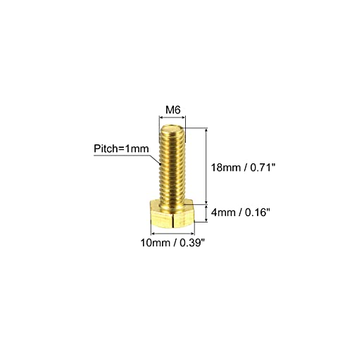 Image of uxcell Brass Hex Bolts, M6x18mm 10pcs Fully Thread Grade 4.8 Solid Brass Hexagon Head Bolt Machine Screws for Machinery