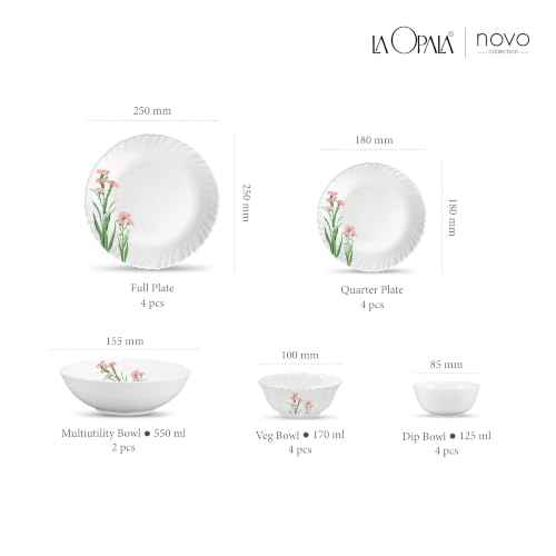 Image of La Opala Opal Glass Crockery | for Family of 4 | Dinner Set 18 pcs Pink Florets | Plates & Bowls for Dining | Microwave Safe | 100% Vegetarian | Extra Strong | Extra Light & White