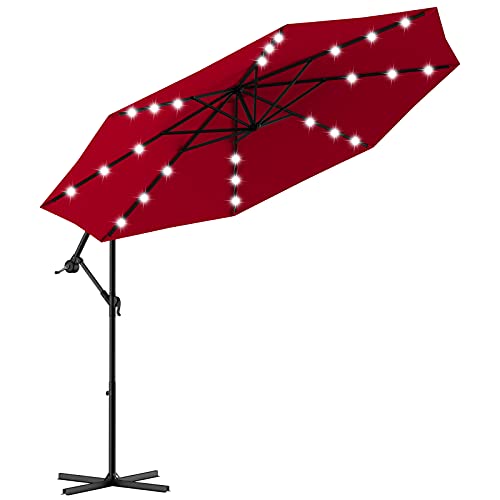 Tangkula 10FT Outdoor Patio Umbrella Solar LED Lighted Sun Shade Market Umbrella with Hanging Cover and Cross Base (Burgundy)
