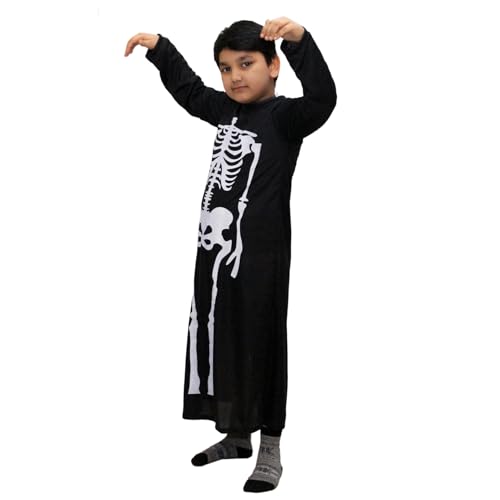 Image of Kaku Fancy Dresses Skeleton Costume for Kids with Gown & Teeth Mask | Scary Halloween Fancy Dress Outfit | Spooky Cosplay Costume for Boys & Girls - 5-6 Years