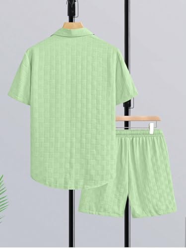 Image of GRECIILOOKS Men'S Summer Casual Two Piece Outfit, Textured Button Down Shirt and Shorts Set, Lightweight Poly Blend Co-Ord for Beach, Travel & Lounge Wear