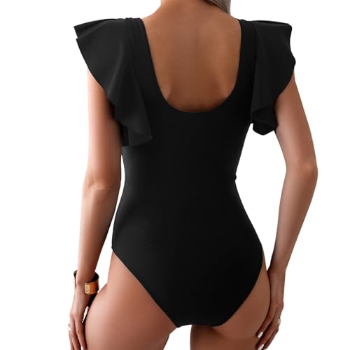 Women's One-Piece Swimsuit Tummy Control High Waisted Ruffled Sleeves V-Neck Mesh Bathing Suit for Beach4