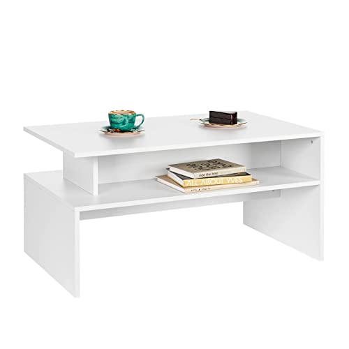 Table Basse Table à thé Rectangulaire Table d'appoint avec Étagère de Rangement Ouverte 90x50x43cm (Blanc)