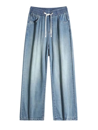 Hndudnff Men's Summer Thin Baggy Jeans Fashion Straight Wide Pants Stretch Denim Trousers