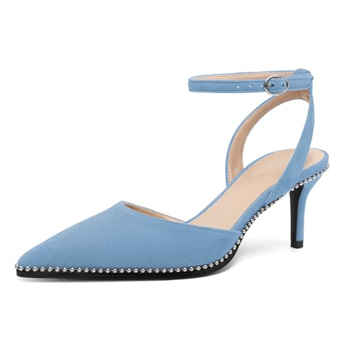 Image of SAMMITOP Kitten Heels for Women Low Heel Closed Toe Ankle Strap Pumps Wedding Party Beaded Dress Shoes 2.4 Inch