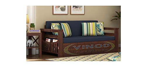Image of Solid Sheesham Wood Sofa Cums Bed Wooden Bed Cum Sofa With Storage | Wood Sofa Set For Without Pillow With Cushions Home And Office Furniture Living Room| Walnut Finish, 3 Seater