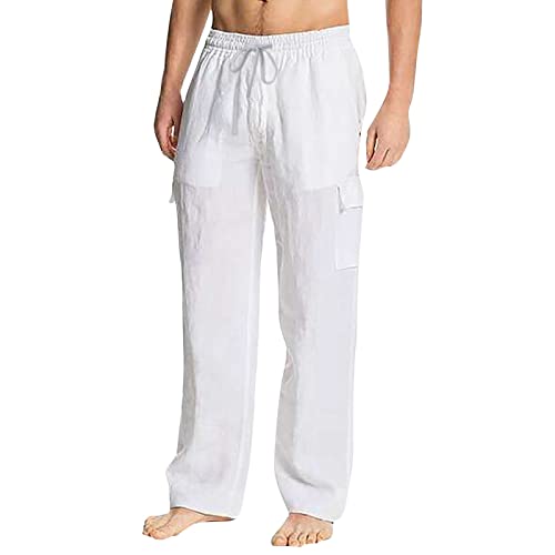 Mymyguoe Pantalones de lino para hombre, pantalones de entrenamiento para exteriores, pantalones de casa, pantalones largos de vaca, pantalones largos de verano, transpirables, para tiempo libre,