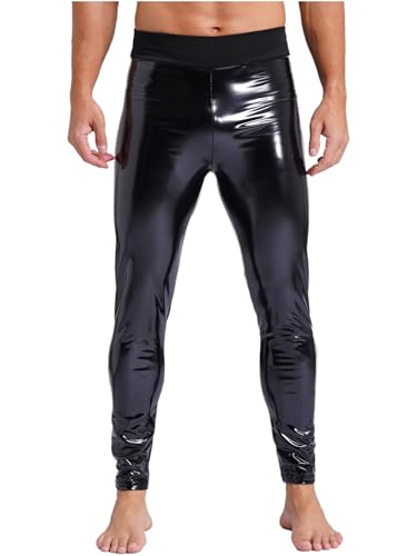 Vxuxlje Men's Patent Leather High Waist Long Pants Elastic Waistband Slim Fit Trouser Clubwear