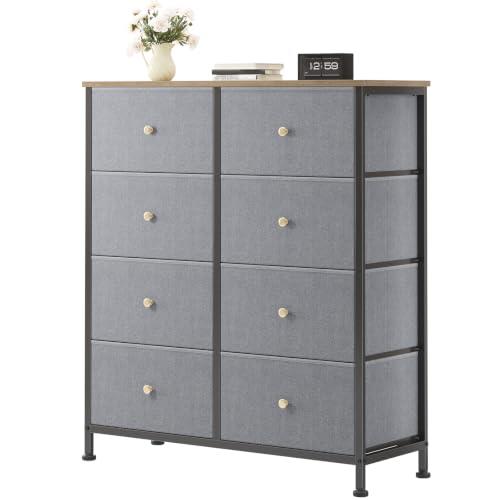 Image of OLIXIS 8 Drawer Storage Dresser for Bedroom, Closet Organizers Units | Fabric Dresser with Wooden Top, Chest of Drawers Clothes Storage, Tower Cabinet, TV Stand Furniture, Gray Blue