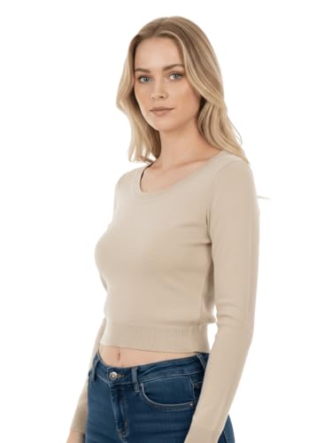 Image of Women's Crop Top Stretch Sweater - Long Sleeve Slim Bodycon Crewneck Casual Basic Solid Cropped Knit Pullover Top