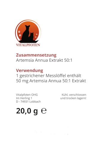 Vitalpfoten Artemisia Annua 50:1 Ratio-Extrakt für Hunde und Katzen 20g, hochkonzentriertes Extrakt Pulver zur direkten Verwendung oder Mischung, höchste Qualität inkl. Dosierlöffel