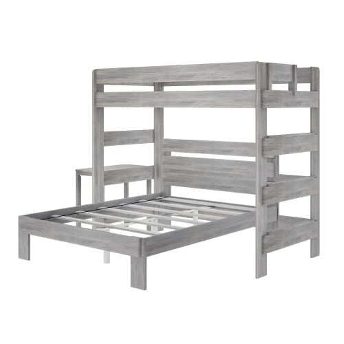 Max & Lily Modern Farmhouse Bunk Bed, L Shape Twin-Over-Queen Bed Frame For Kids With Desk, Driftwood #TOP2