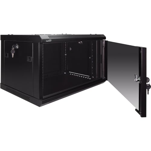Image of NavePoint 6U Server Rack Enclosure - 17.7 inch Deep, Wall Mount Network Cabinet with Locking Glass Door for 19 inch IT Equipment, Network Rack with 2 Fans, Removable Side Panels, Black