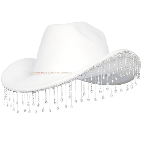 renvena Western Cowboy Hat Rhinestone Fringe Cowgirl Hat Glitter Bling Diamond for Men Women Cosplay Party Costume White A One Size