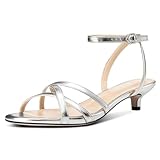 DearOnly Womens Ankle Strap Peep Open Toe Low Heels Strappy Kitten Heel Sandals Slingback Prom Buckle Dress Shoes 1.4 Inches Heels Silver 9 M US