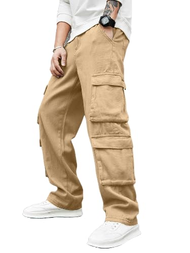 Image of Men's 8 Pocket Cargo Pants | Premium Cotton Twill Baggy Fit Trousers | Stretchable Casual Streetwear Cargos | Mid Rise